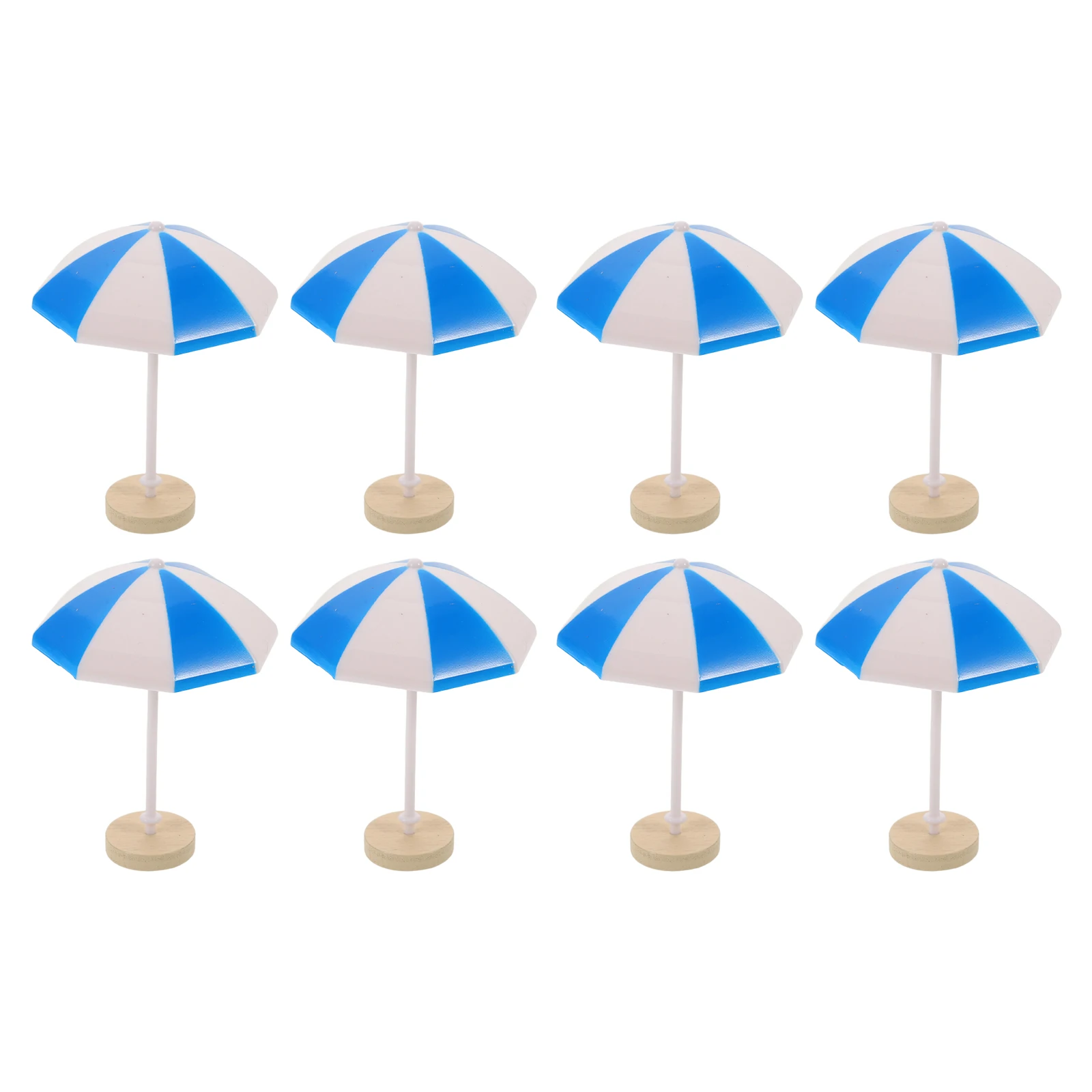 8 szt. Miniaturowe parasolki krajobrazowe, niebieskie plastikowe parasole plażowe, podstawa, mikro dekoracje krajobrazowe, dekoracja ogrodowa DIY