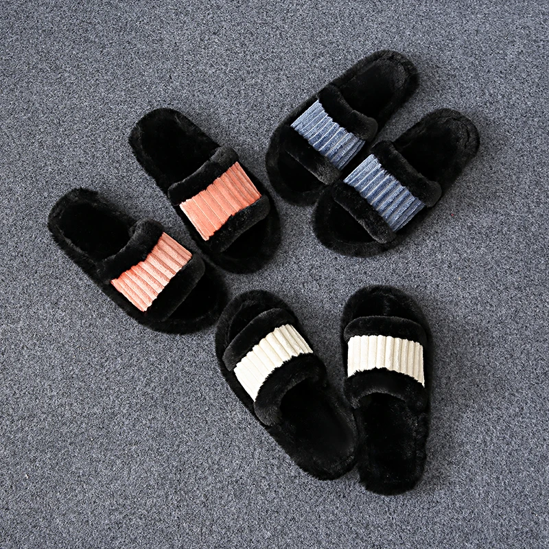 Autumn and Winter New Striped Contrast Open Women's Cotton Slippers Fashion and Cute Fur Slippers Home Non-slip Plush Slippers