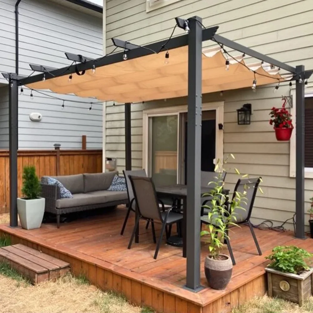 

10' X 13' Outdoor Retractable Pergola with Shade Canopy Patio Metal Shelter for Porch Garden Modern Yard Grape Trellis Pergola