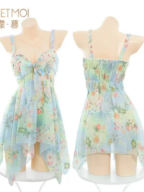 Sweet Green Tank Mini Dress Bow Cute Girl Garden Deep V Neck Floral Dress Elegant Thin Summer Sheer Women Tops Korean  RQE8