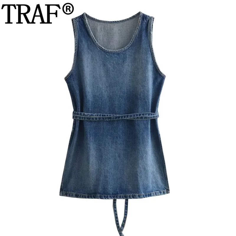 TRAF Woman 2024 Sleeveless Blue Denim Top Women Summer Tied Belt Modern Women's Long Blouses Streetwear Slit Ladies Blouses