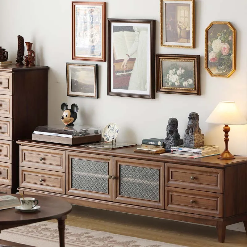 Solid wood TV cabinet North American black walnut hall cabinet Log retro storage locker Floor cabinet French living room 5