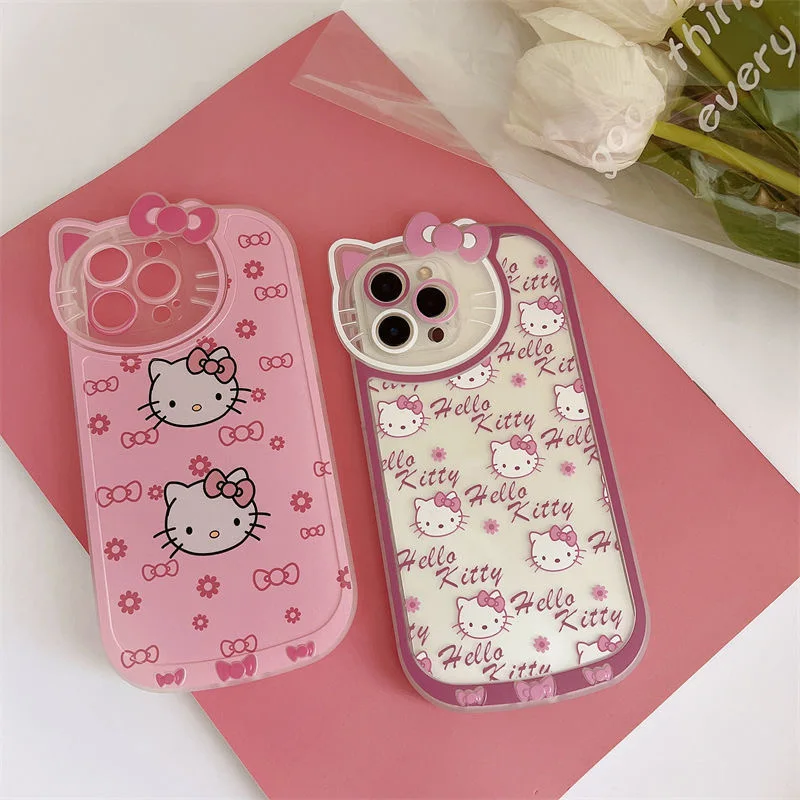 جميل مرحبا كيتي Kawaii KT رئيس القوس قضية الهاتف آيفون 16 15 14 13 برو ماكس 11 12 13 برو XS XR 7 8 زائد الوردي فتاة Y2K غطاء