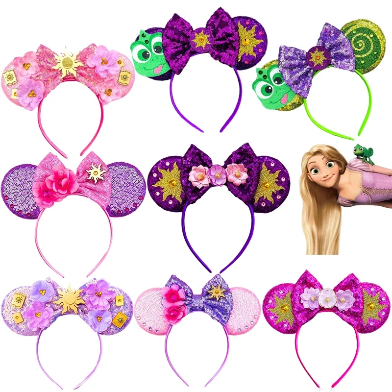 Disney Rapunzel Ears Hair Bands Women Sunflower Sequins Bow Headband Girls Chameleon Pascal Hair Accessories For Kids Party Gift