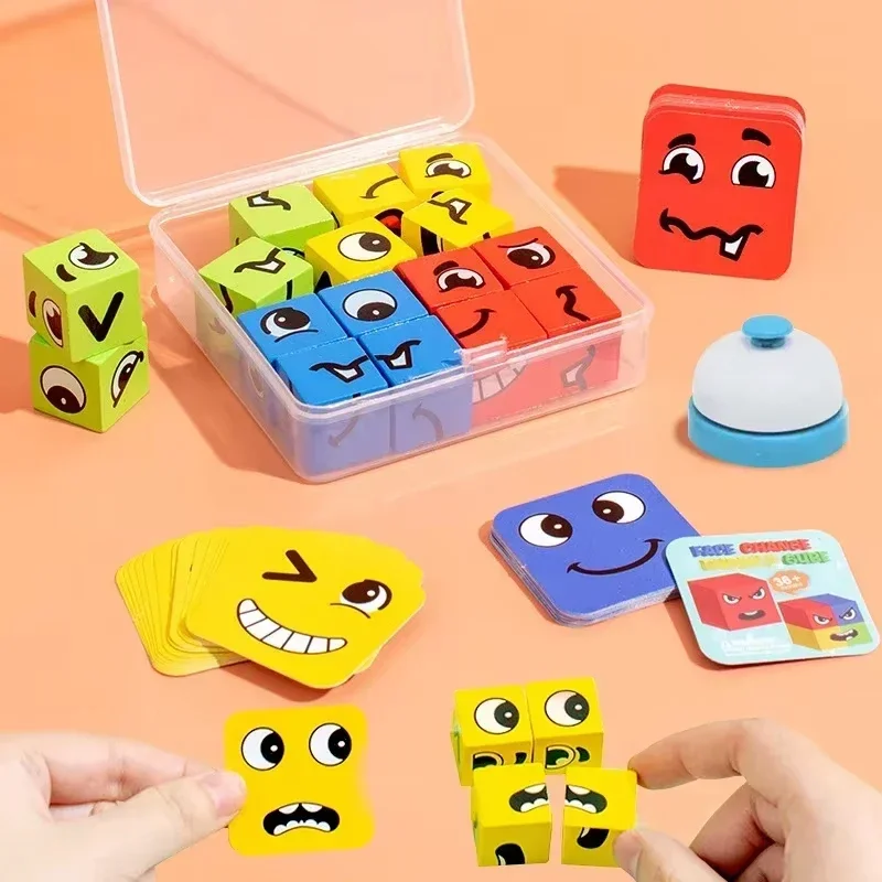 Montessori Puzzle Building Blocks Cube Children's Face Changing Expressions Building Blocks Tabletop Games Toys