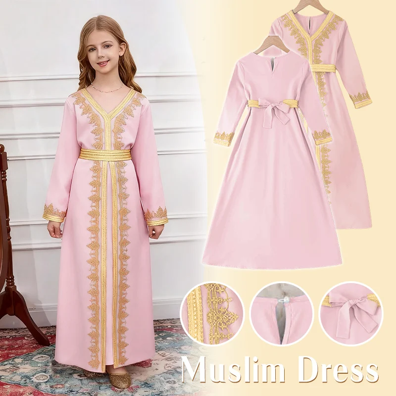  ชุดเดรสเด็กผู้หญิงมุสลิมแบบอาบายะห์ ชุดคลุมแบบอิสลามสไตล์ดูไบ แขนยาว คอวี ชุดละหมาดแบบอาหรับ ชุดคาฟตันพร้อมเข็มขัด ชุดสำหรับงานปาร์ตี้ เสื้อผ้ามุสลิม