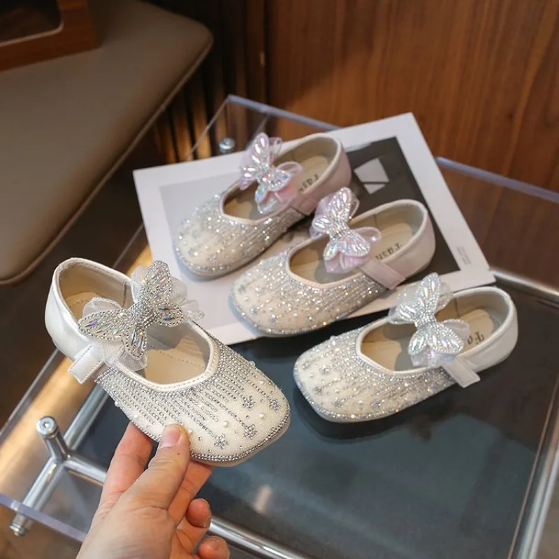 Girls' Crystal Shoes 2024 Spring Children's Soft Sole Princess Single Shoes Girls' Water Diamond Bow Leather Shoes A225