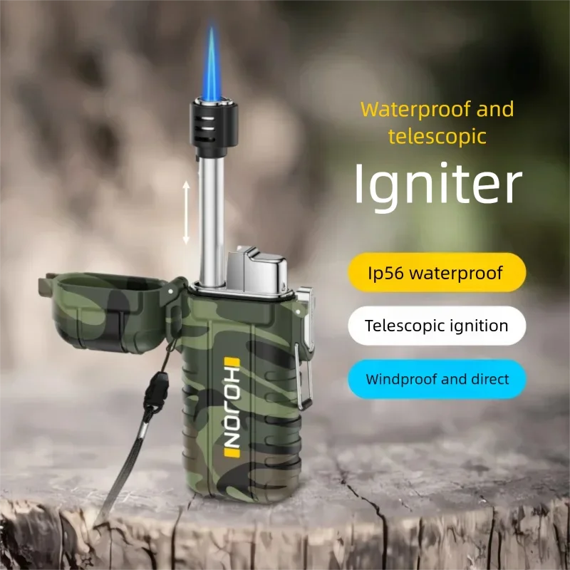Outdoor Waterproof Telescopic Torch Lighter, Blue Flame Windproof Butane Inflatable Lighter, with Its Own Lanyard Ignition Tool