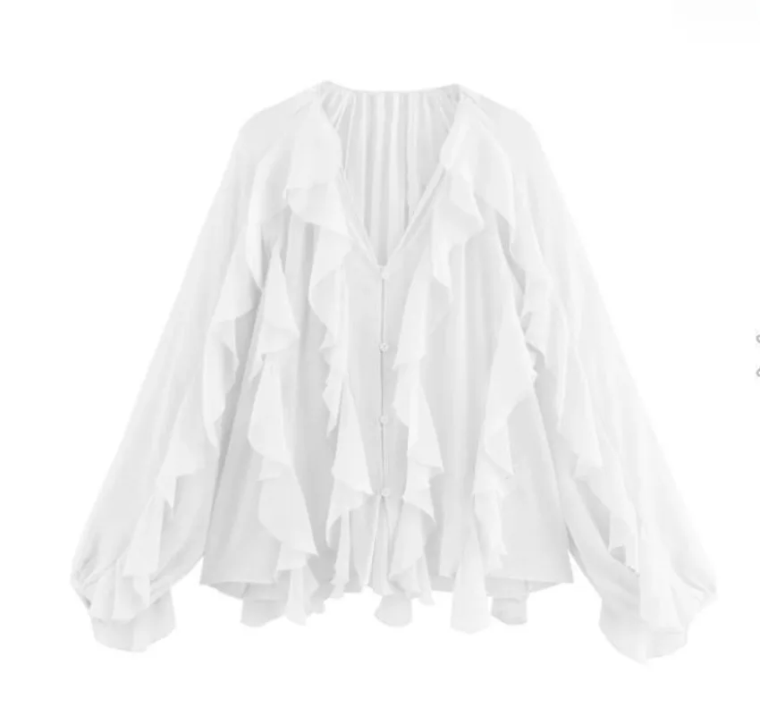 

Women's Elegant Ruffles Shirt Blouse Summer Loose Long Sleeve Layered Shirts Office Lady Vintage V-neck Tierred Ruffles Blouses