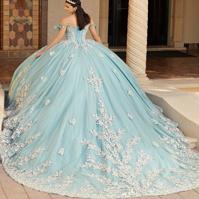 فساتين Quinceanera مزينة برقبة على شكل V فساتين حلوة تحتوي على 15 كرة من الدانتيل المزيّن بالخرز الفاخر للفتيات في سهرة أعياد الميلاد والحفلات الرسمية للنساء المشاهير