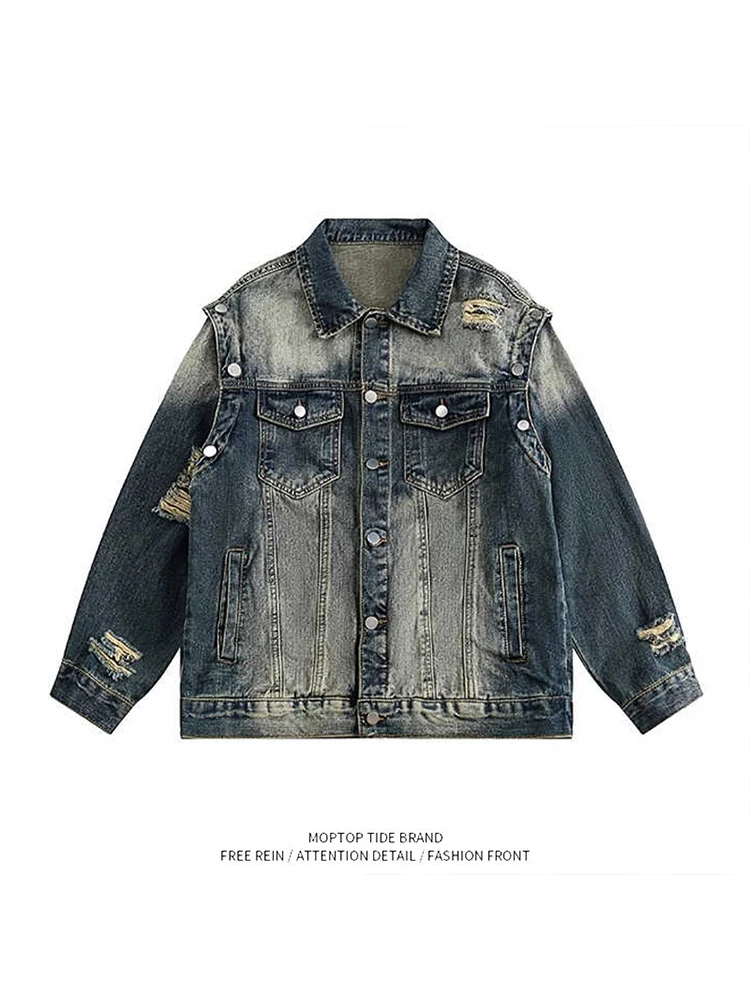

Loose Men's Denim Jaet High Street Sle Spring Autumn New Faion Worn-off Design Couple Match Jaet Youth ular Polyester