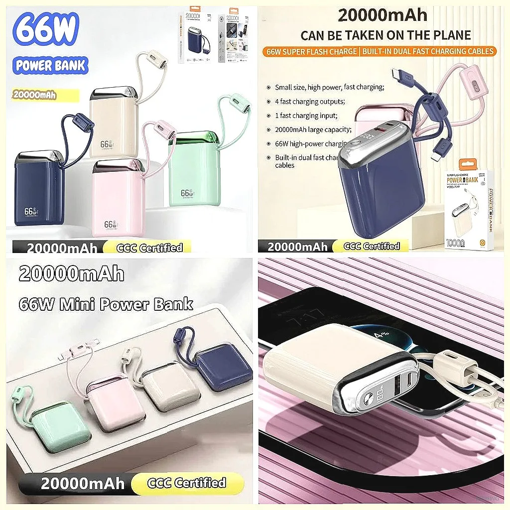 

Мини-аккумулятор 20000 мАч, 66 Вт, сверхбыстрая зарядка, PD QC 3.0 с кабелем для iPhone, Samsung, Xiaomi, Huawei