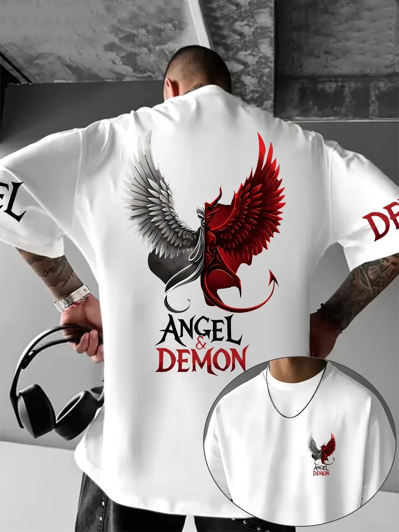 Hot-selling Summer T-shirt Men's Gothic Angel and Devil Pattern Trendy Casual Streetwear Style Tees Top