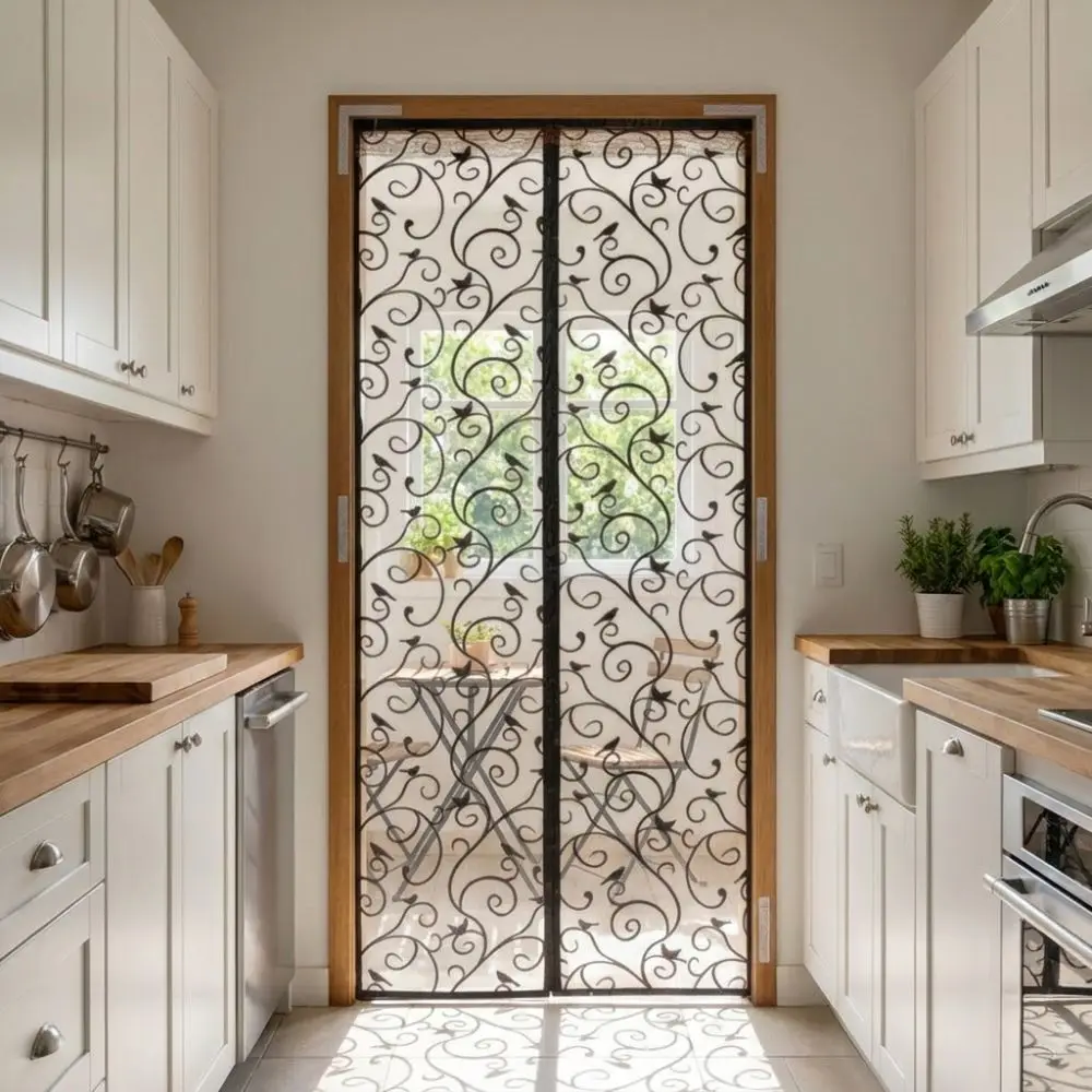 Vine Pattern Magnetic Screen Door Automatic Breathable Mosquito-Proof Curtain No Drilling Hands Free Design Screen Door Curtain