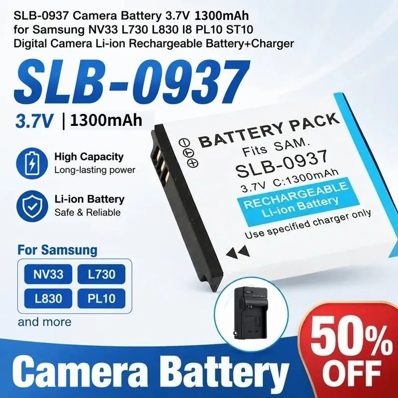 

SLB-0937 Camera Battery 3.7V 1300mAh for Samsung NV33 L730 L830 I8 PL10 ST10 Digital Camera Li-ion Rechargeable