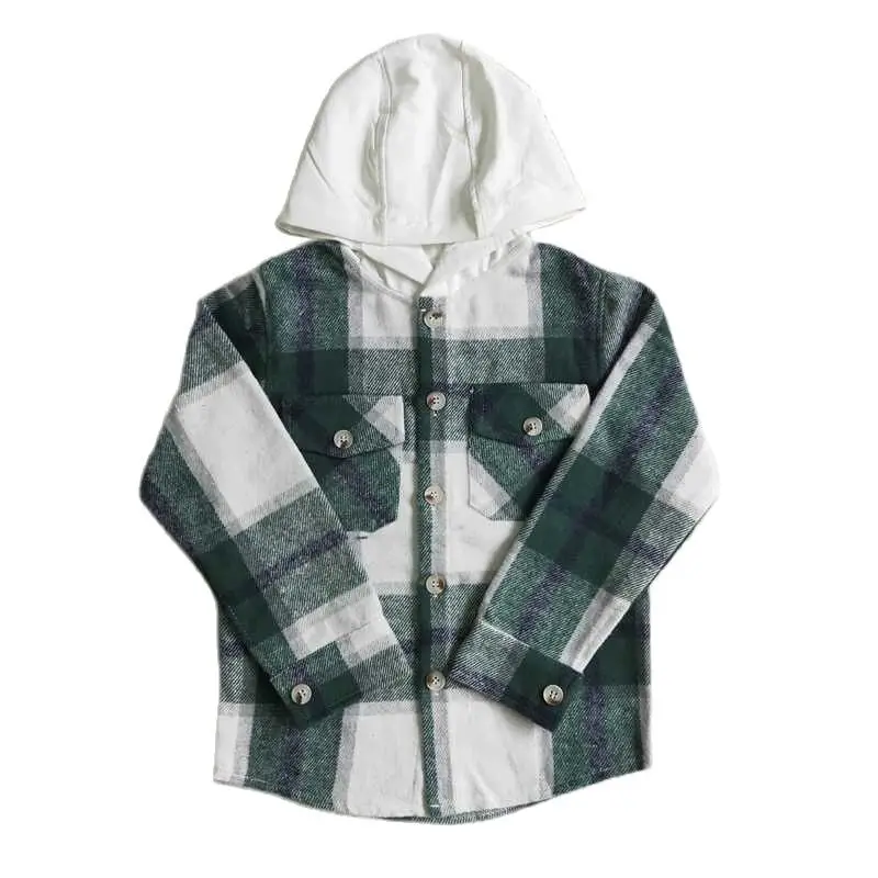 

Boys Green Plaid Hooded Long Sleeve Shirt