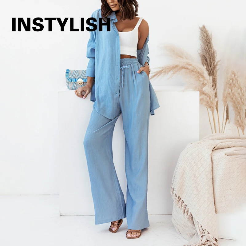 2 Piece Sets Women Outfit Elegant Long Sleeve Lapel Shirt and Elastics Waist Wide Leg Pants Suits Casual Solid Tracksuit 2023