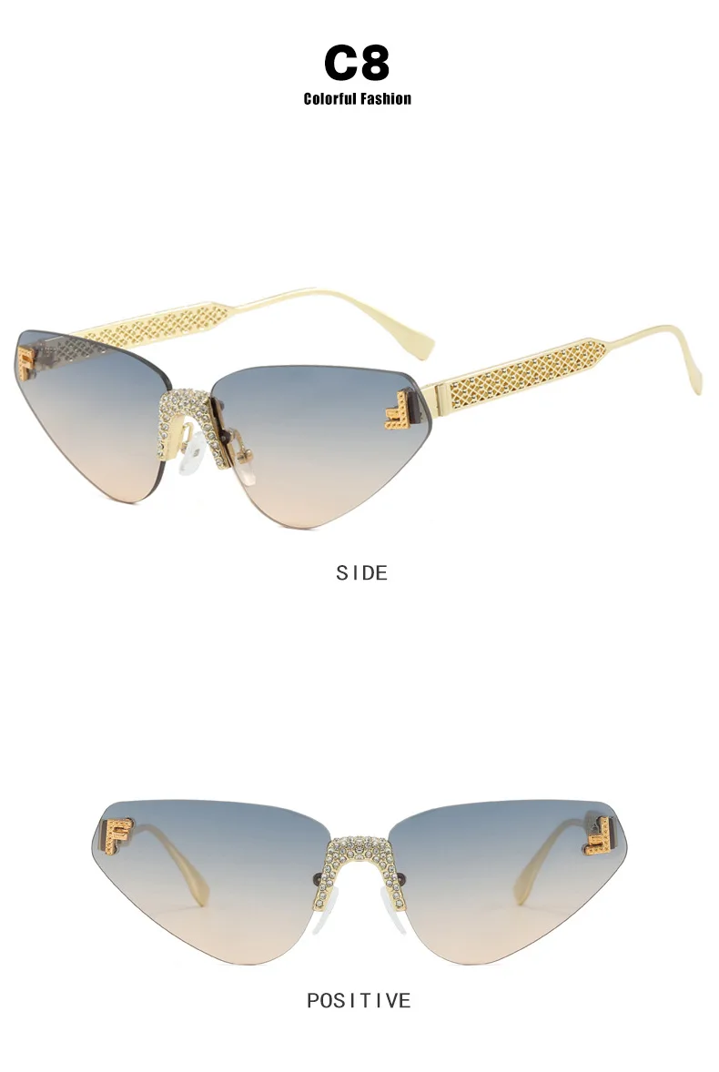 Frauen Sexy Cat Eye Randlose Strass Sonnenbrille Luxus Marke Designer Retro Punk Metall Sonnenbrille männer UV400 Fahren Gläser – Detail 14