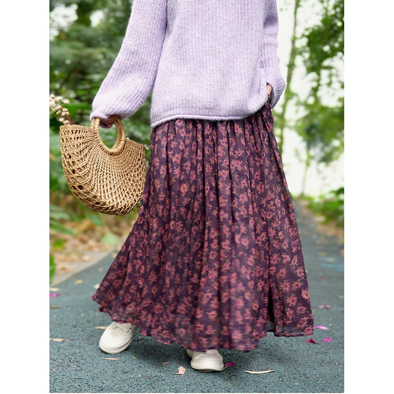 2025 New Arrival Autumn Women Loose Casual Vintage Floral Print A-line Skirt All-matched Elastic Waist Ankle-length Skirts Y184