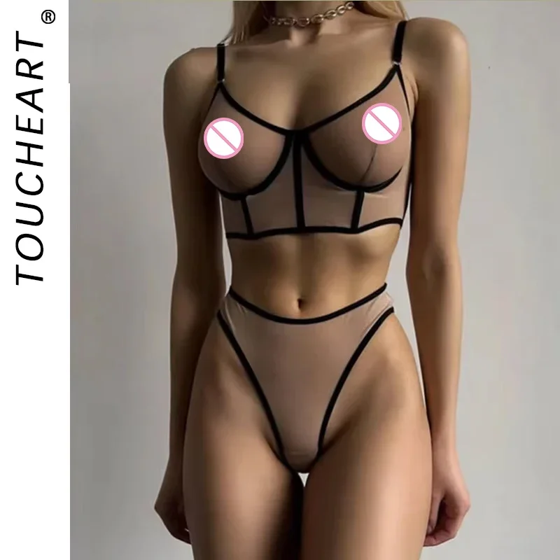 Toucheart 2 Piece Set Sexy Lingerie Set For Women Mesh Micro Perspective Beach Swimsuit Briefs Contrast Color Sexy Lingerie Set