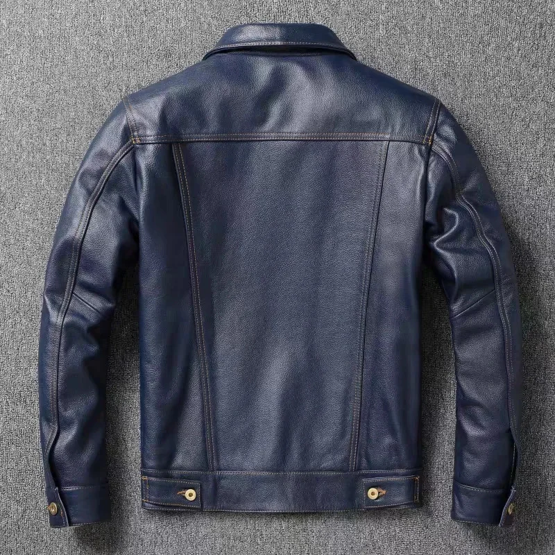 New Navy Blue Top Layer Cowhide Genuine Leather Jacket Men's Short Slim Fit Retro Motorcycle Lapel Casual Trendy