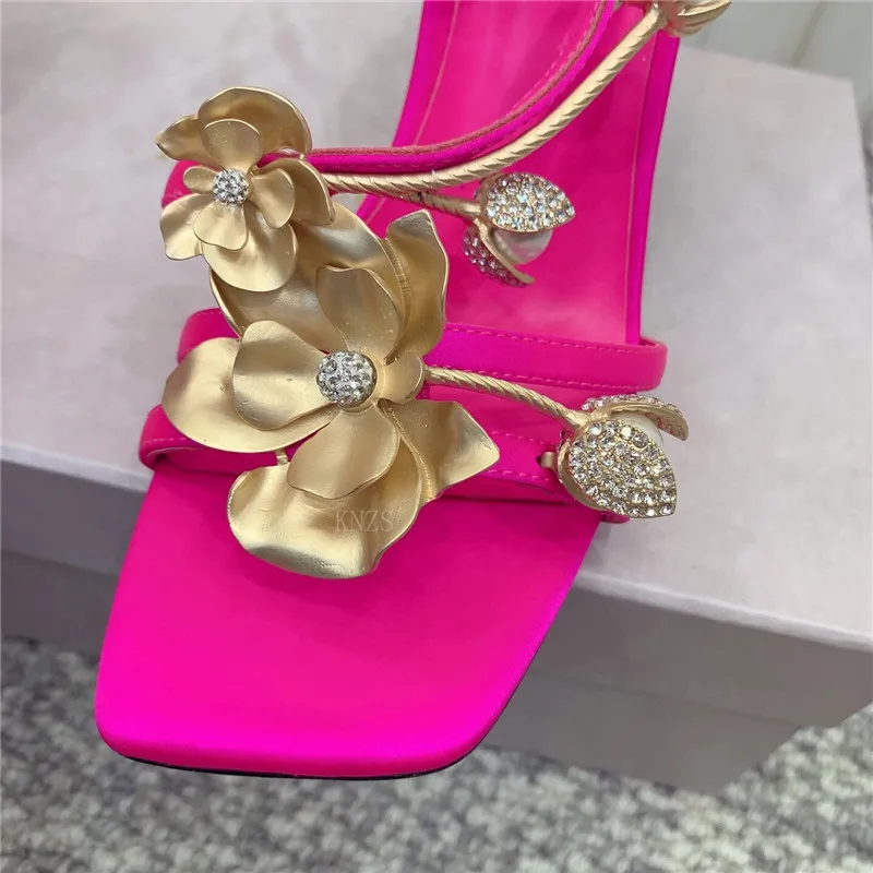 Summer New Square Toe Flowers Crystal Sandals For Women Fashion Super High Heels Sexy Stiletto Open Toe Party Wedding Shoes 2024