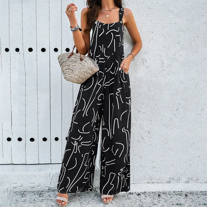 Women's Sleeveless Printed Straps Jumpsuits, Summer Pockets