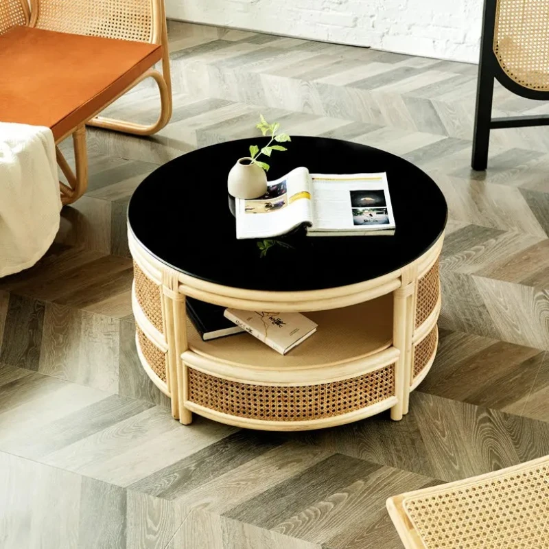 LMMM Light Luxury Rattan Weaving Storage Coffee Table Home Living Room Homestay Coffee Table and Chair Combo