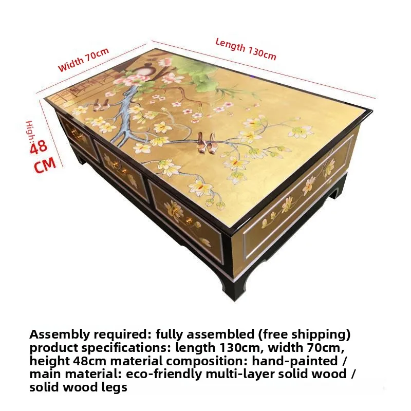 Gold foil hand-six-drawer coffee table tea table, living room solid wood painted tea room large-capacity decorative cabinet