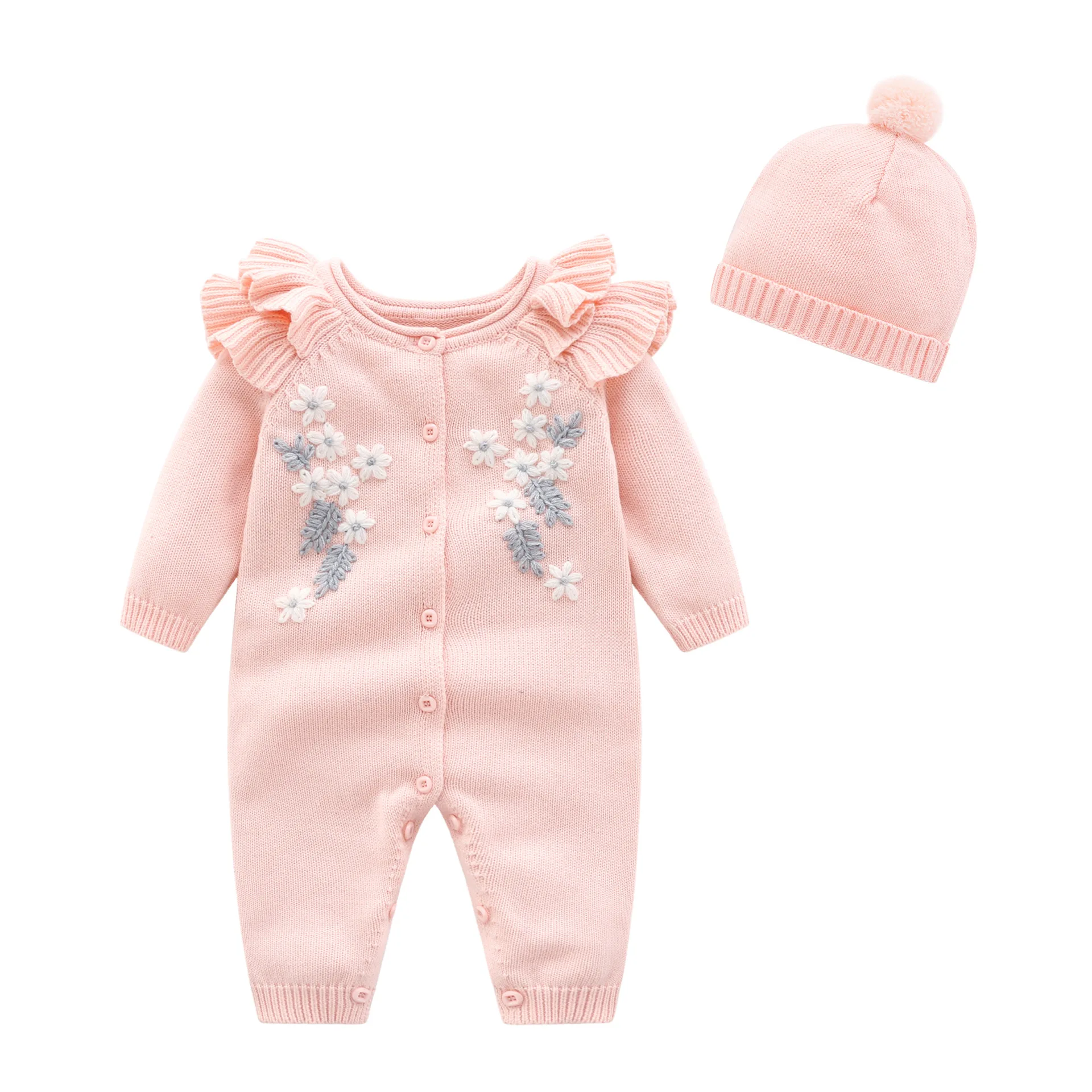 Autumn Winter Toddler Kids Clothes Set Warm Long Sleeve Flower Jumpsuit With Hat For Infant Baby Cute Romper Casual Homewear