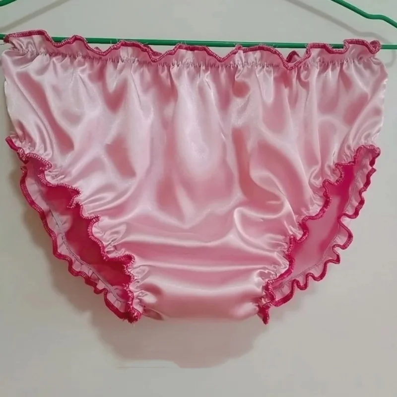 Mutandine da uomo in vita elastica con tocco setoso rosa da donna Slip in raso di seta con volant Intimo taglie forti Lingerie sexy Party Private