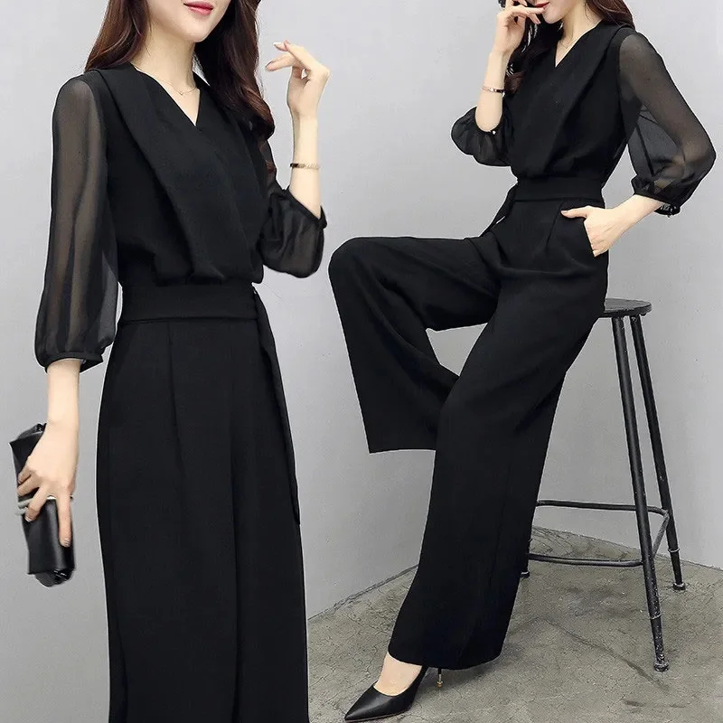 2023 Spring and Summer High-Waisted Chiffon Jumpsuit Black Seven-Point Sleeve Slim Show Thin Temperament Wide-leg Jumpsuit Women