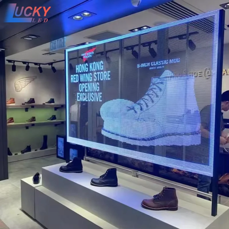 Pantalla transparente de rejilla LED a todo color Pantalla LED personalizada delgada para interiores y exteriores Pantalla transparente 3D cuadrada