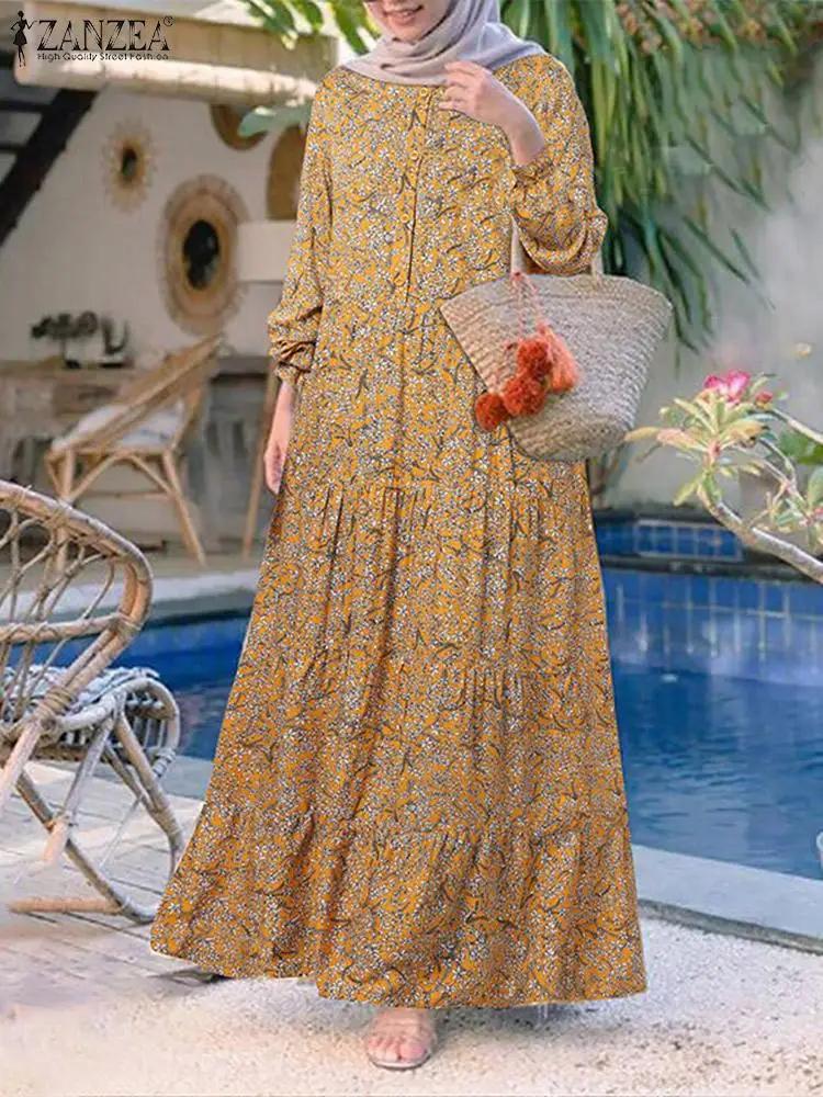 2023 ZANZEA Fashion Floral Print Muslim Dress Women Casual Loose Ruffle Abaya Sundress Kaftan Robe Femme Vintage Maxi Vestidos