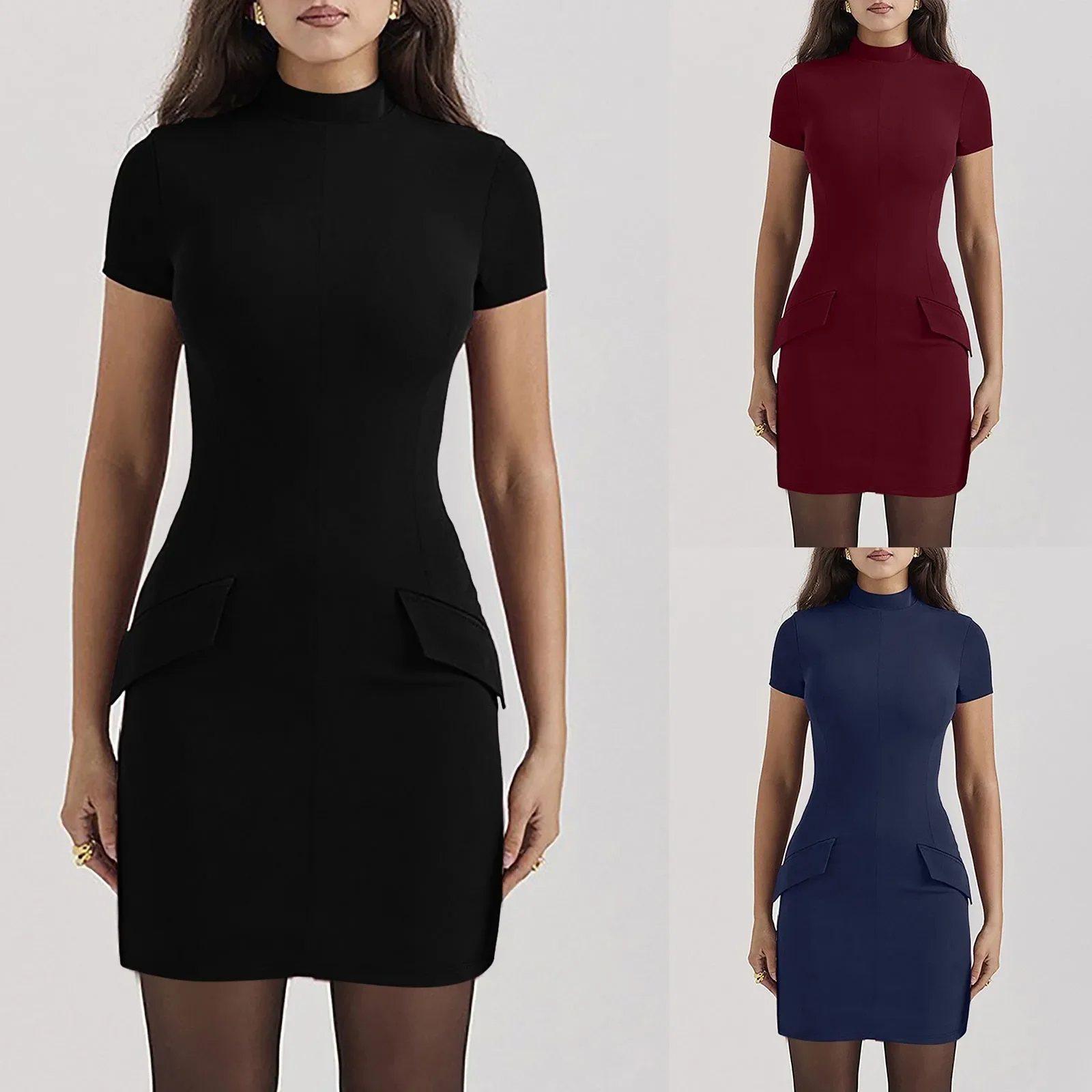 

Elegant Solid Two Pocket Sexy Mini Dress For Women 2024 Spring Summer New Short Sleeve Bodycon Club Party Dress Elegant