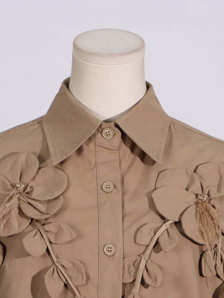 GALCAUR Solid Patchwork Feathers Fashion Blouses For Women Lapel Long Sleeve Spliced Appliques Casual Loose Shirts Female Autumn