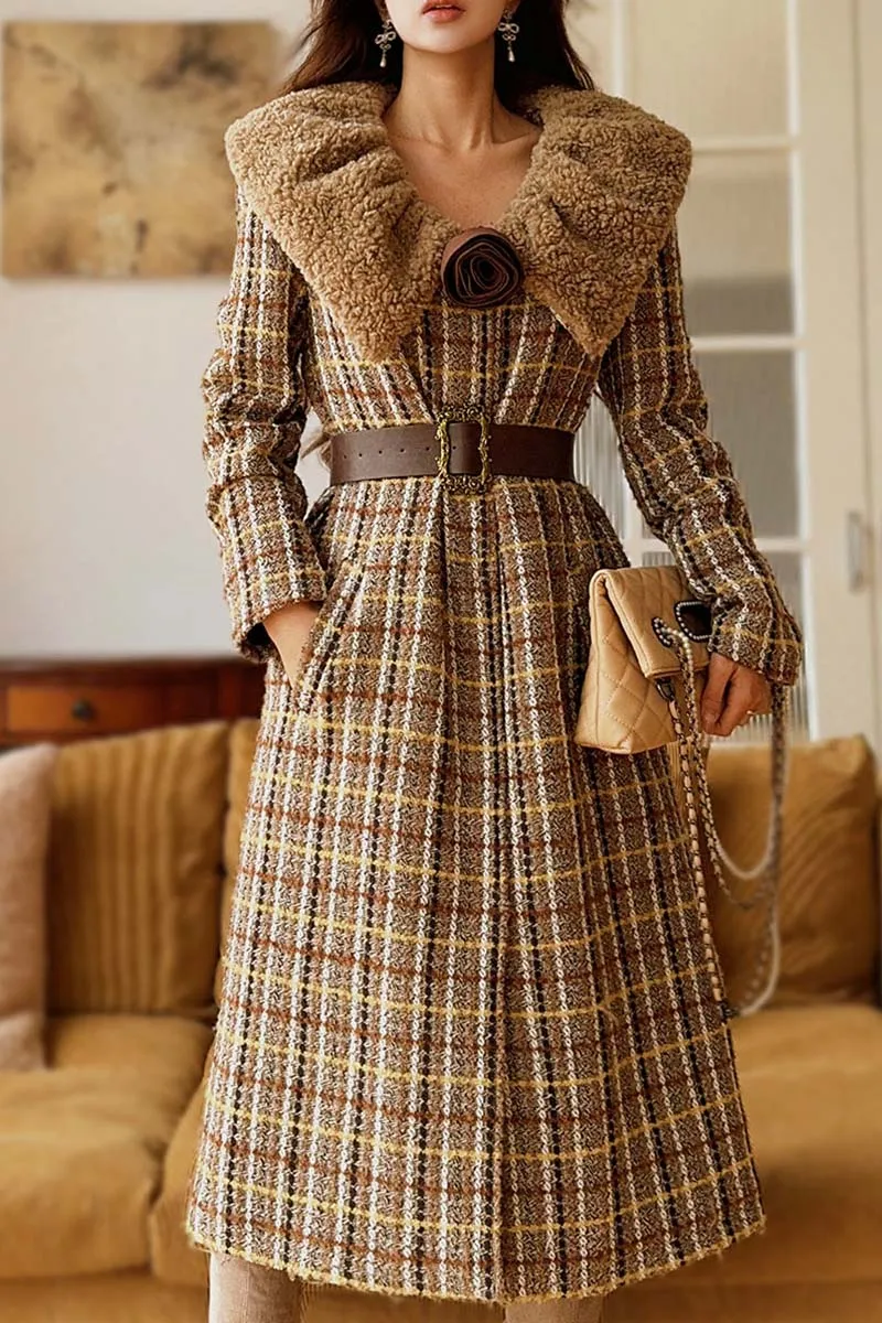 

Dabuwawa Fur Turtleneck Collar Double Sided Woolen Long Coat Women Plaid Adjustable Waist Jacket Outwear Christmas Y2K DA1DCO014