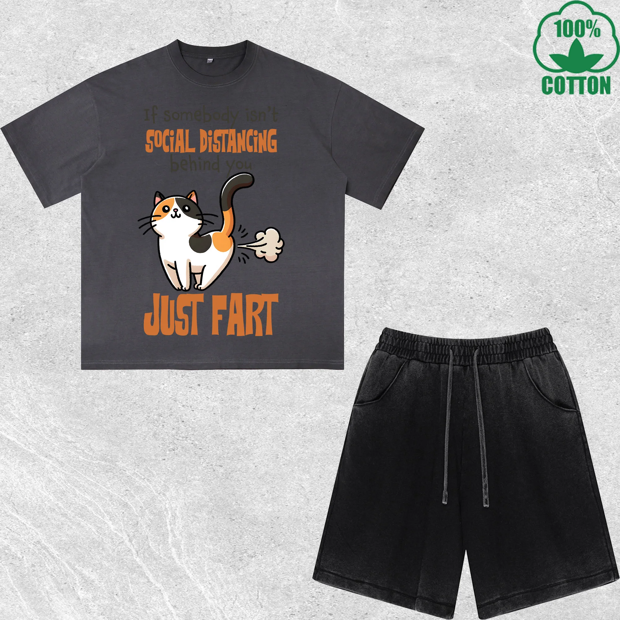 

Interesting Bold Cat Printed Dirty Wash T-Shirt Shorts Set Combo Loose Trendy Fashionable 100%Cotton Black Suit