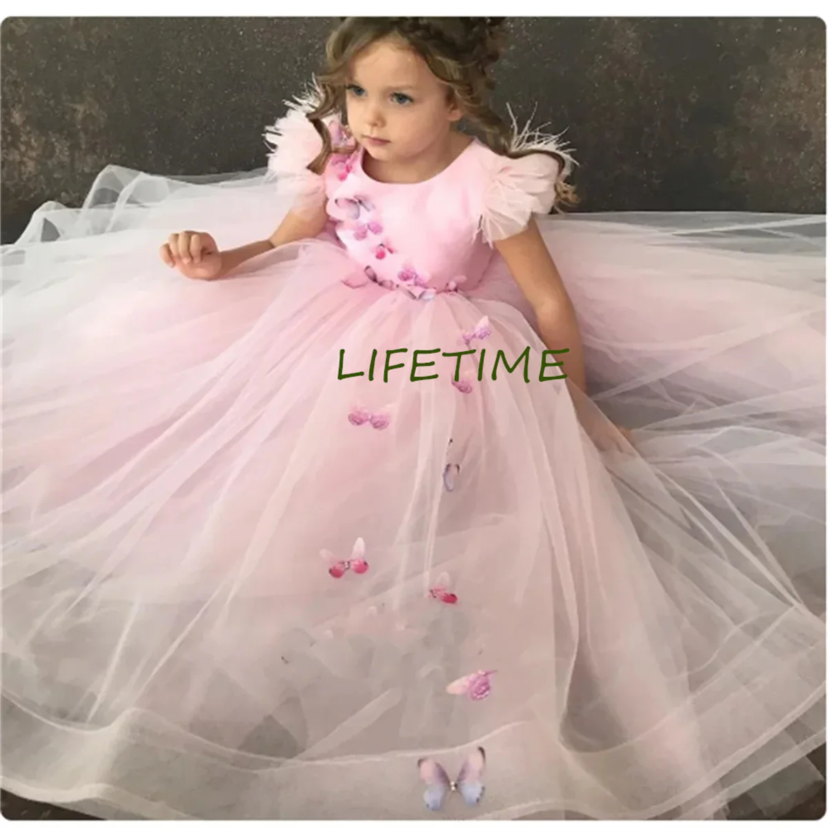 Green Flower Girl Dresses Tulle Pearls Butterfly Flowers Short Sleeve For Wedding Birthday Party Banquet Princess Communion Gown