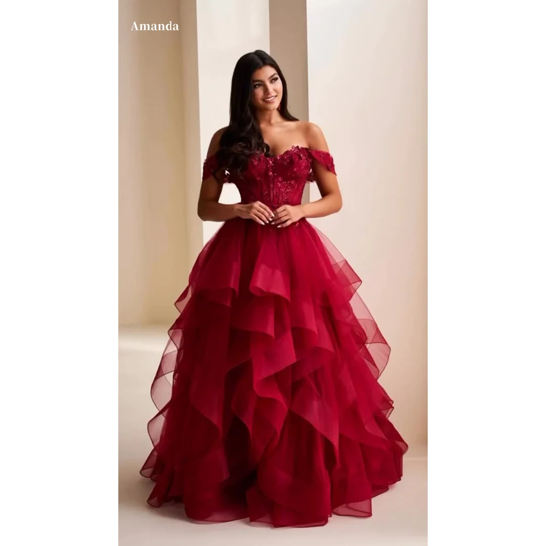 Amanda Customized 2026 New Prom Dress Burgundy Off Shoulder Lace Appliqué Chiffon Formal Evening Gown vestidos de noche 2026