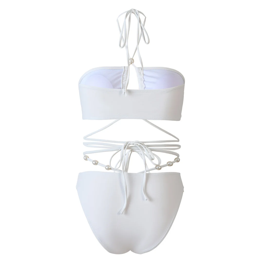 Perlenbesetzter Wickel-Bikini mit Rock, Damen-Badeanzug, dreiteiliges Bikini-Set, Badebekleidung, Badeanzug, Modell V6098 – Detail 4