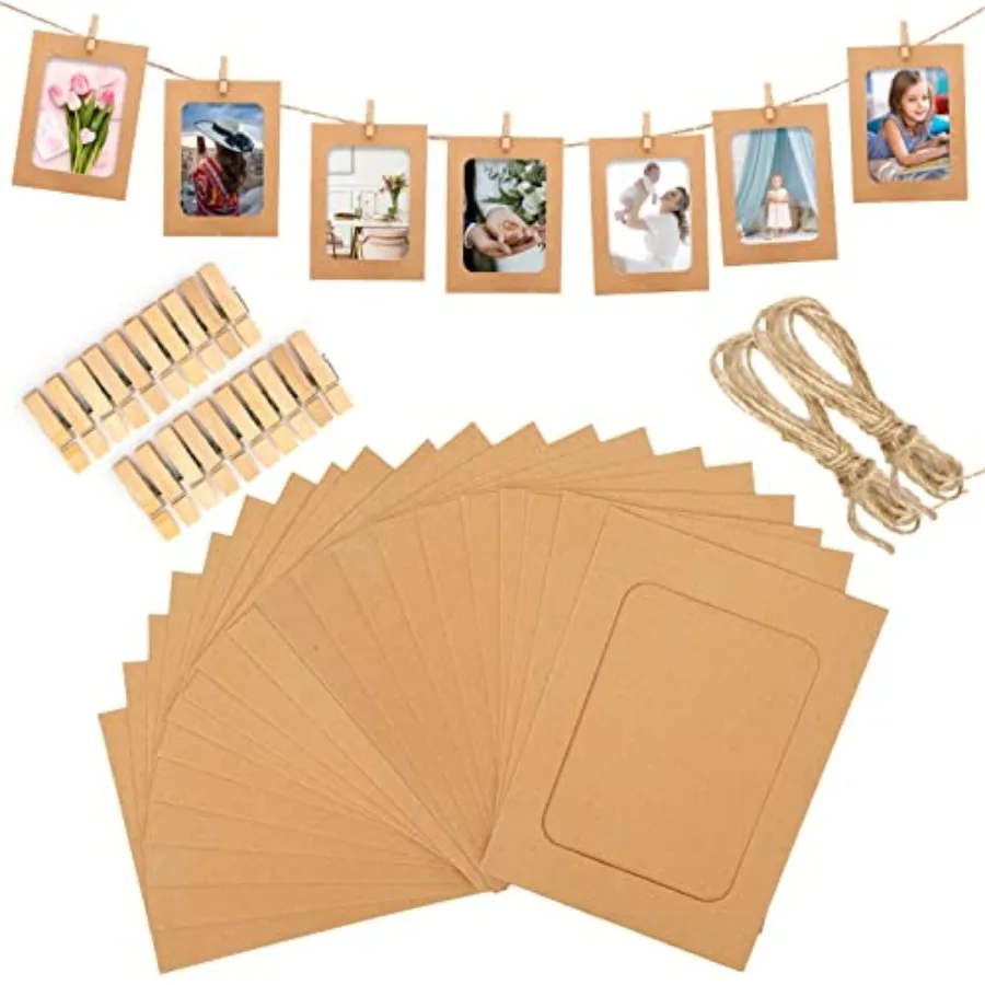 20Pcs Paper Photo Frames, 4x6 Inch Kraft Paper Picture Frames, Hanging Photo Display Banner, DIY Clip Photo Display Holders for