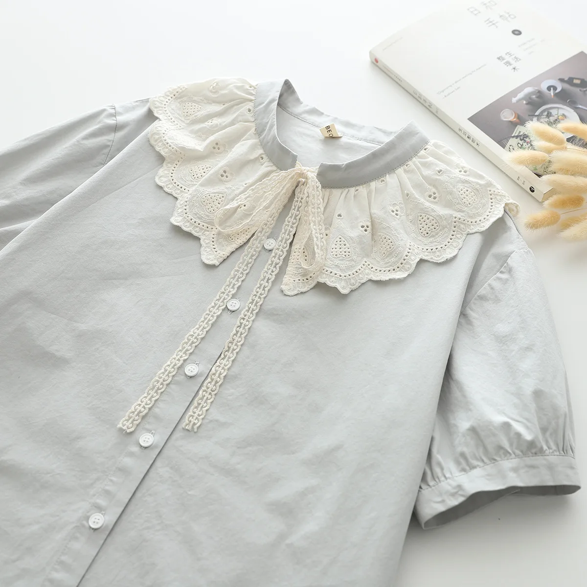 New Summer Cotton Short Sleeve Shirt Lace Stand Tops Girl Casual Vintage Chic Loose Commute Sweet Blouse 2024 Autumn T46979QC