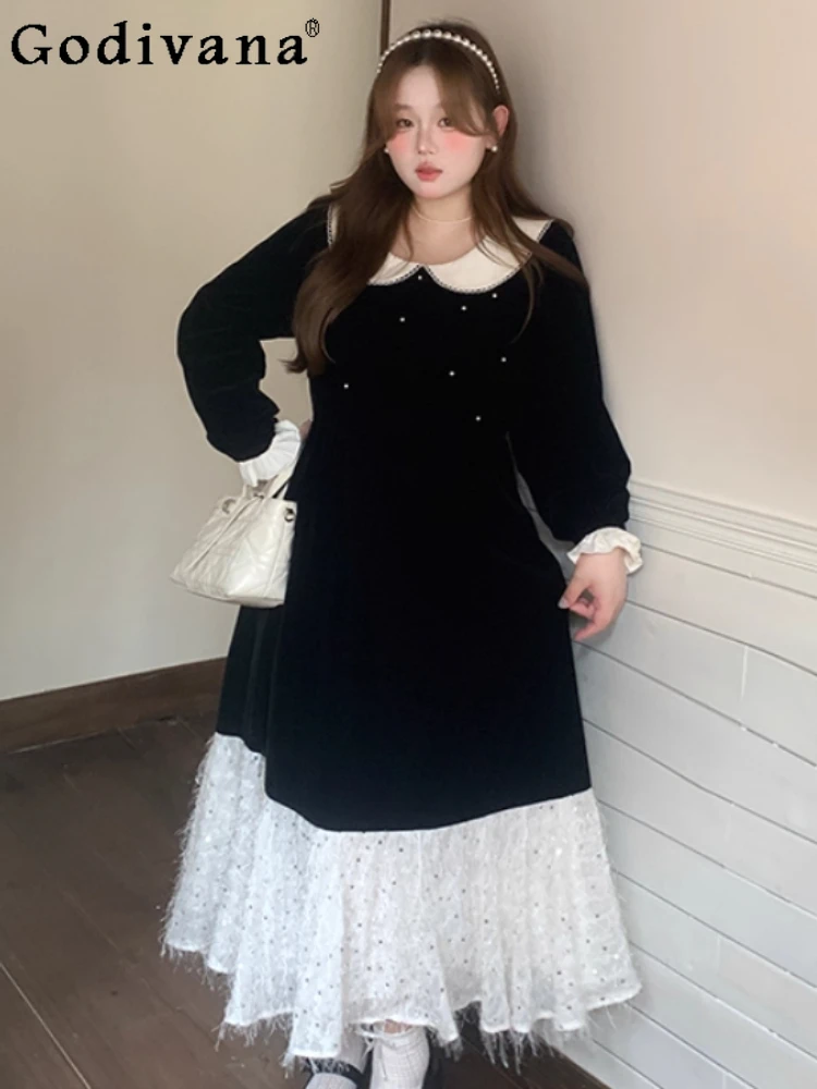 

Autumn Women Large Size Black Heavy Industry Peter Pan Collar Fishtail Dress Fashion High Waist Versatile Age Reduction Dresses