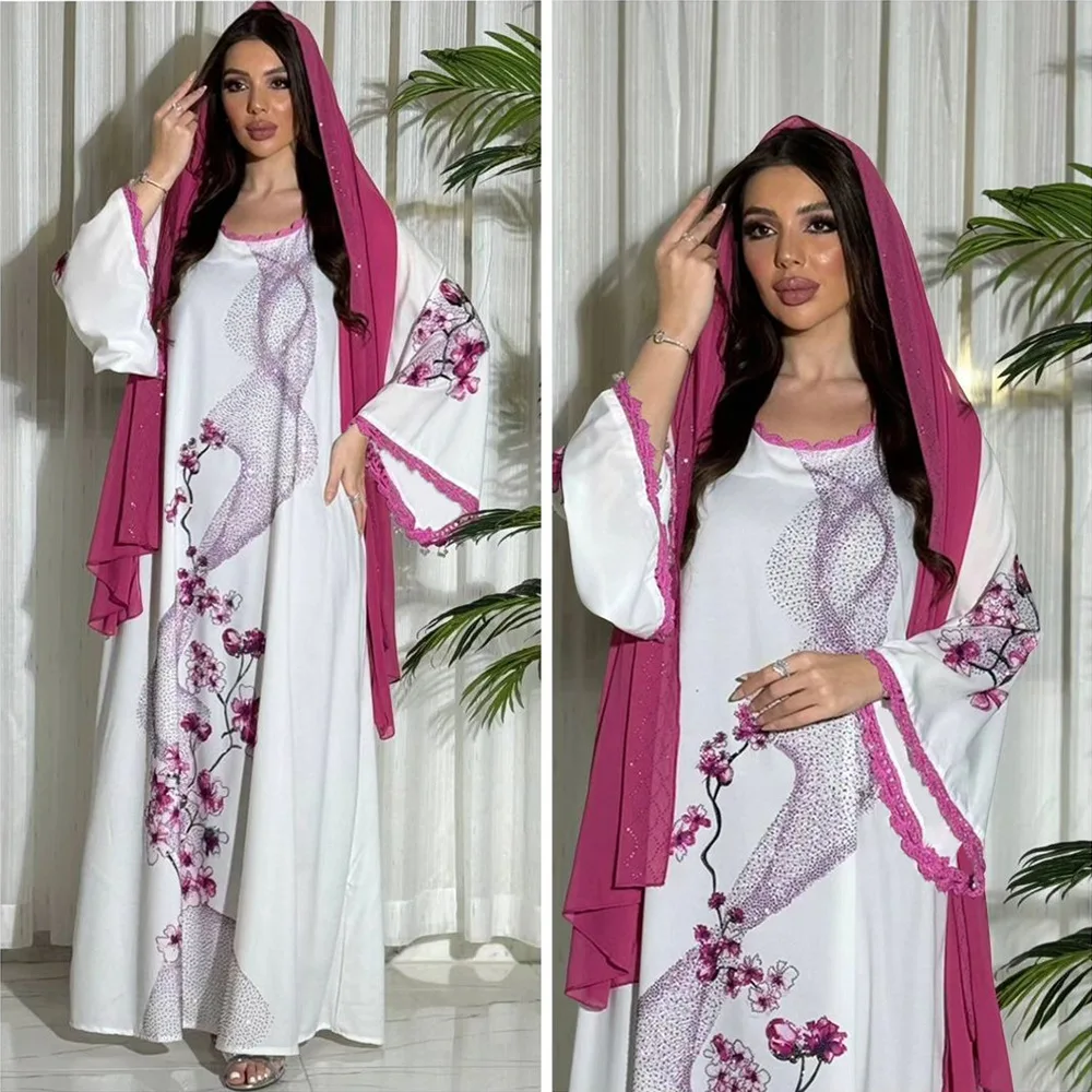 2 pezzi Set fiori abito stampato con cintura a fascia Abaya Hijab velo moda diamanti abito musulmano pizzo taglio caftano donna abito lungo