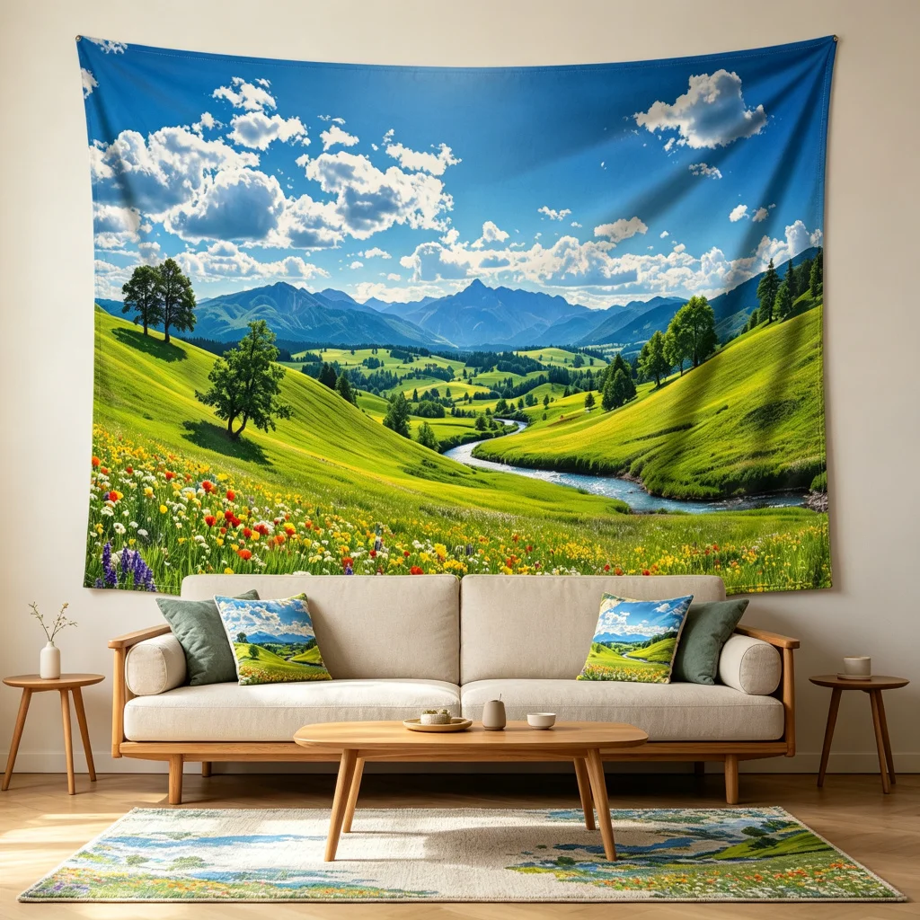 1PC Green Hill River Mountain View Print Backdrop Banner, Bedroom Living Room Photo Background, Polyester, Home Decor, Wall Art
