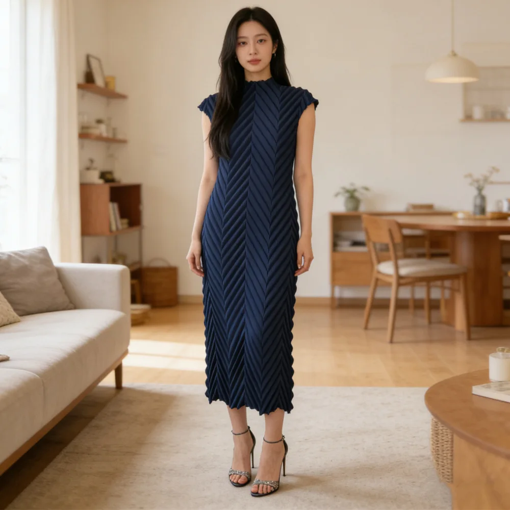 YFPF elegant Miyake pleated women dress solid color sleeveless folds slim party fashion dresses AliExpress