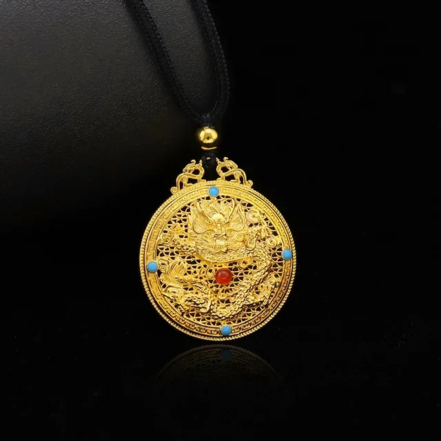 9999 real gold 24K yellow gold Ancient Pendant Filigold Hollow Round Dragon Pendant