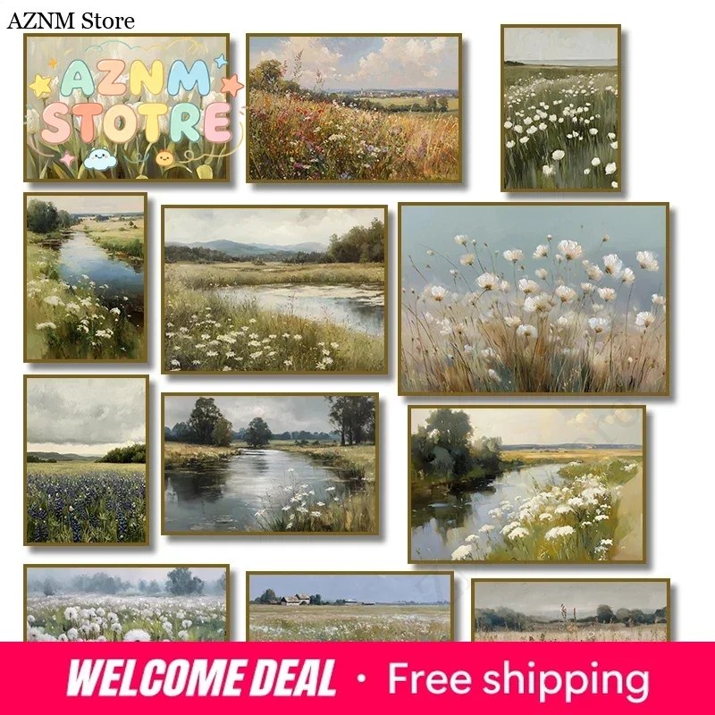 Vintage River Landscape Dandelion White Tulip Wildflower Field Countryside Poster Canvas Painting Print Wall Art Home Decor