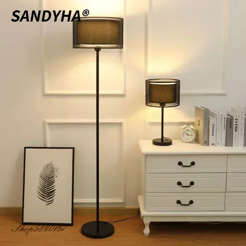 SANDSHA Modern Simple Double Layer Fabric Floor Light LED Desk Lamp Presence Chamber Dining Room Bedroom Decorative Lighting
